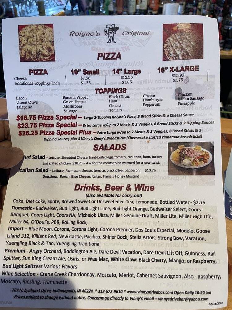 Vinny's Drive Bar - Indianapolis, IN menu_pic