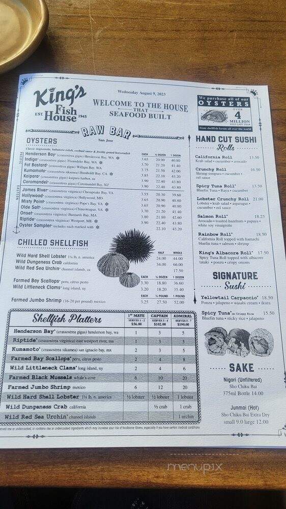 King's Fish House - San Jose, CA menu_pic