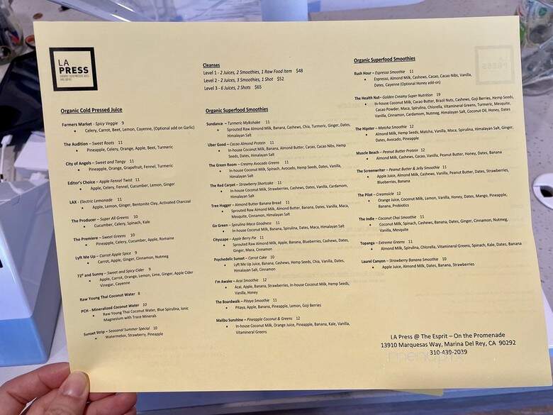 LA Press Organic Cold Pressed Juice & Coffee - Marina del Rey, CA menu_pic