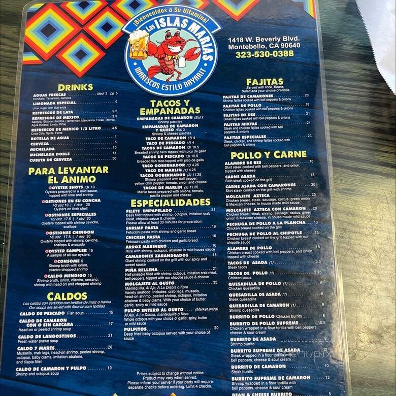 Las Islas Marias - Montebello, CA menu_pic