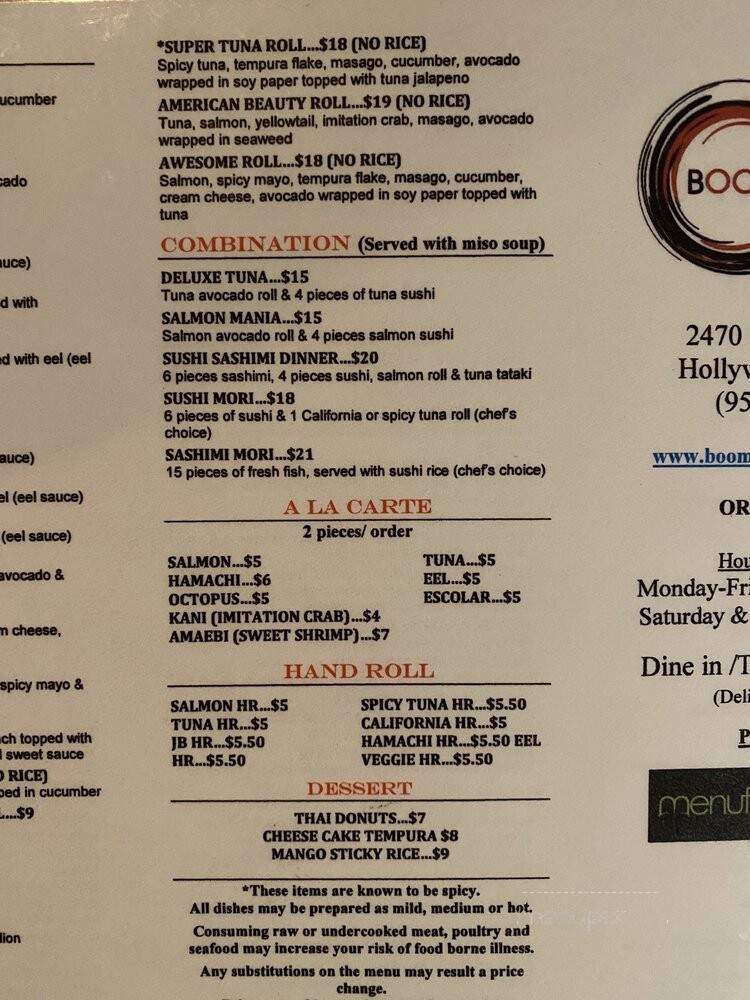 Boom Thai & Sushi - Hollywood, FL menu_pic