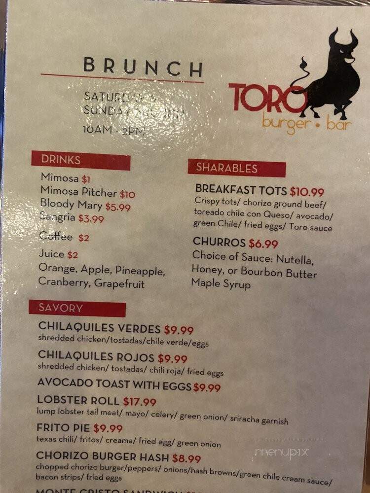Toro Burger Bar - El Paso, TX menu_pic
