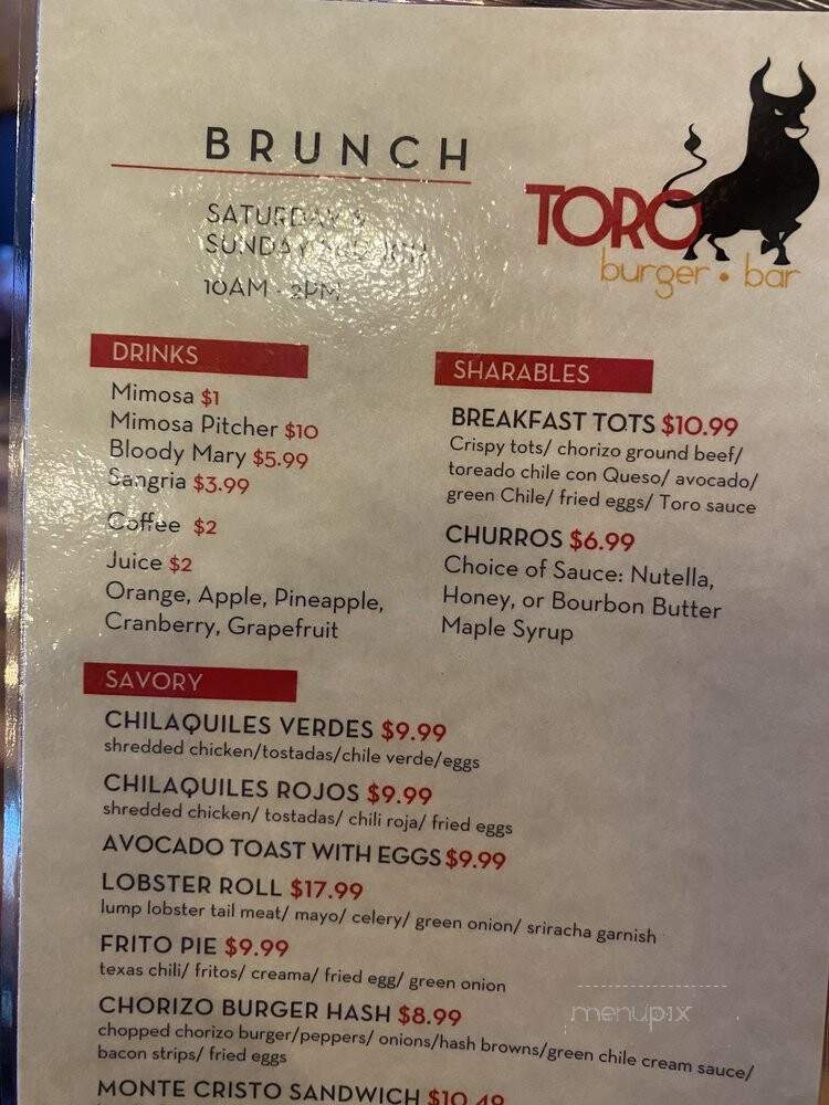 Toro Burger Bar - El Paso, TX menu_pic