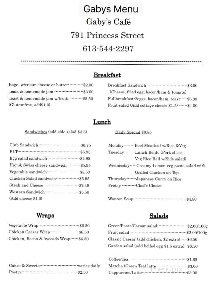 Gaby's Cafe - Kingston, ON menu_pic