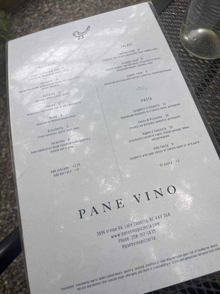 Pane Vino Pizzeria - Oyama, BC menu_pic