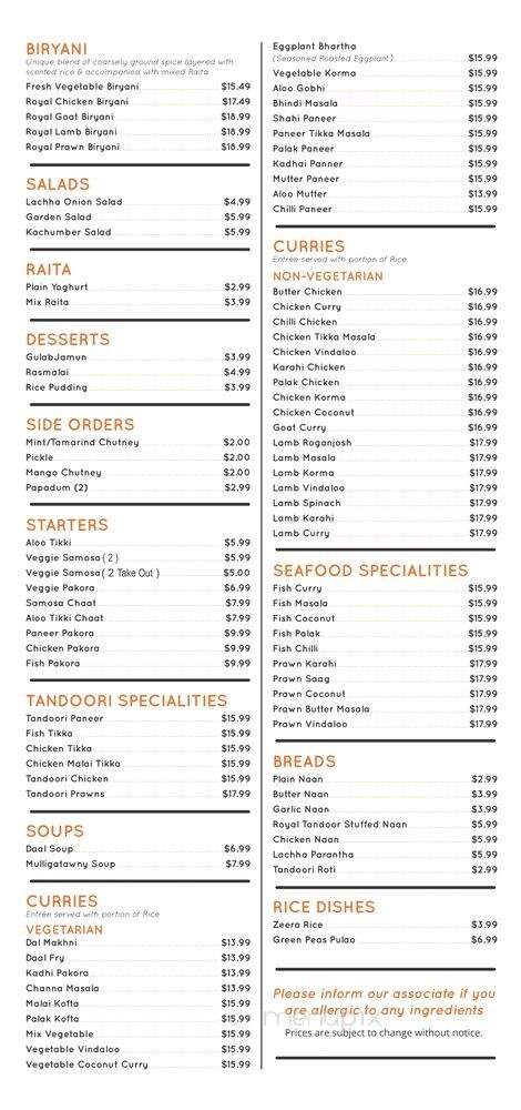 Royal Tandoor Restaurant - Victoria, BC menu_pic