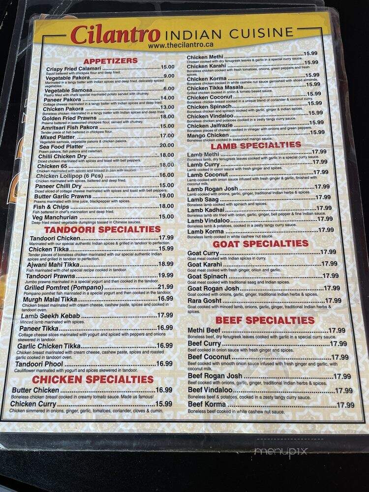 Cilantro Indian Cuisine - White Rock, BC menu_pic