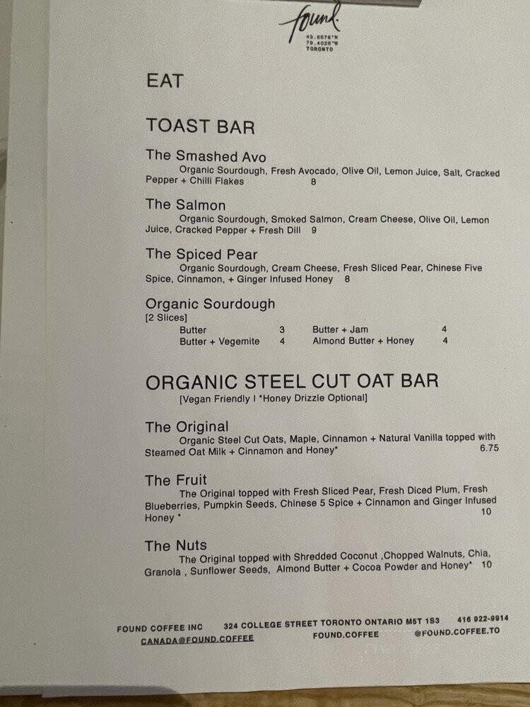 Found Coffee - Toronto, ON menu_pic