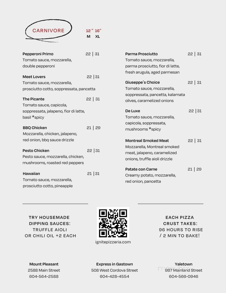 Ignite Pizzeria - Vancouver, BC menu_pic