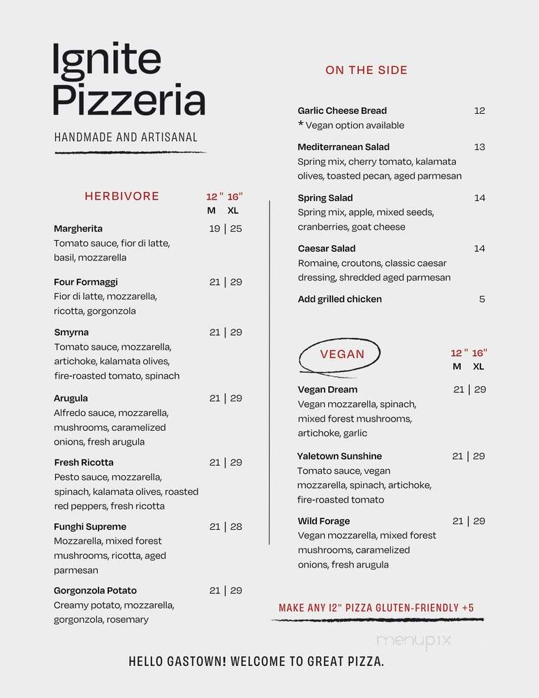 Ignite Pizzeria - Vancouver, BC menu_pic