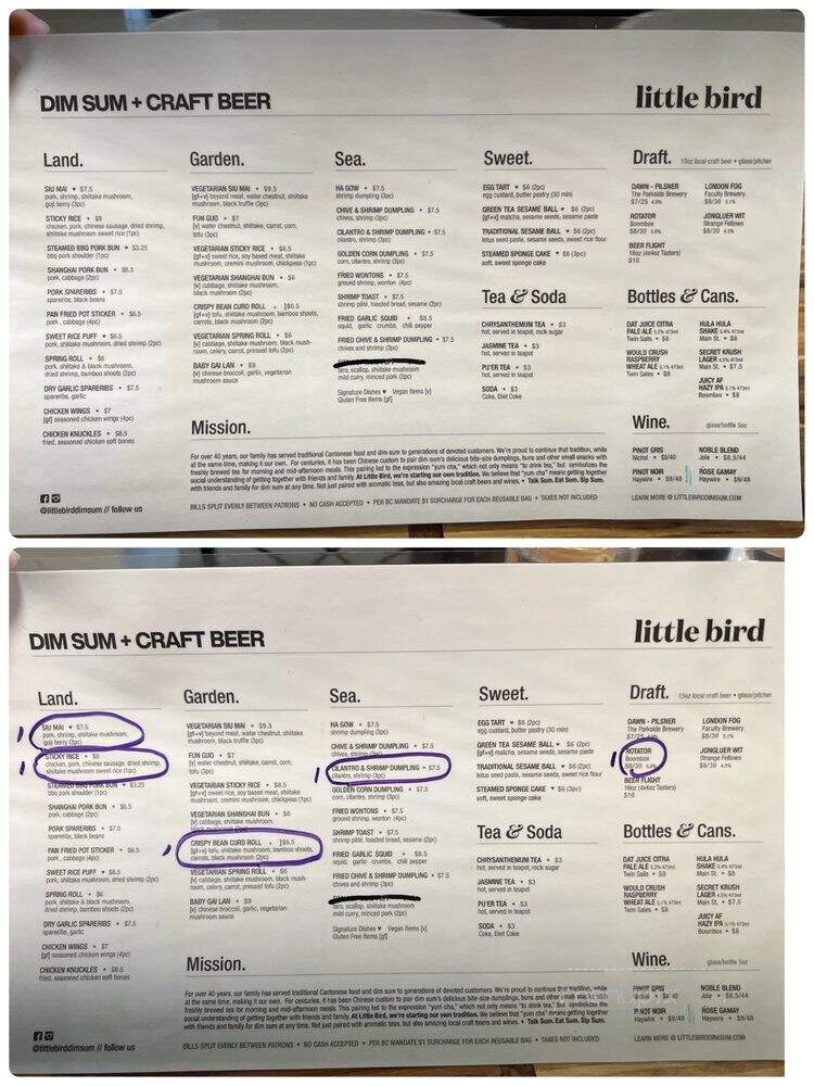 Little Bird Dim Sum - Vancouver, BC menu_pic