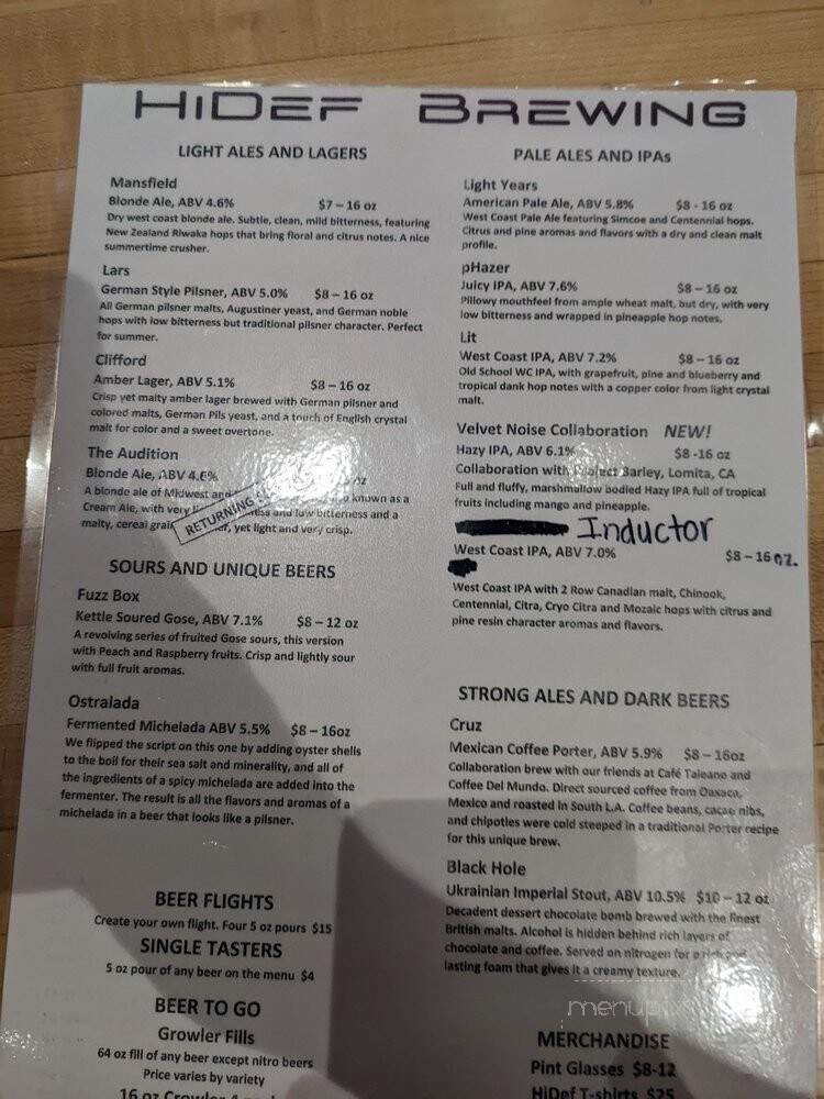 HiDef Brewing - Los Angeles, CA menu_pic