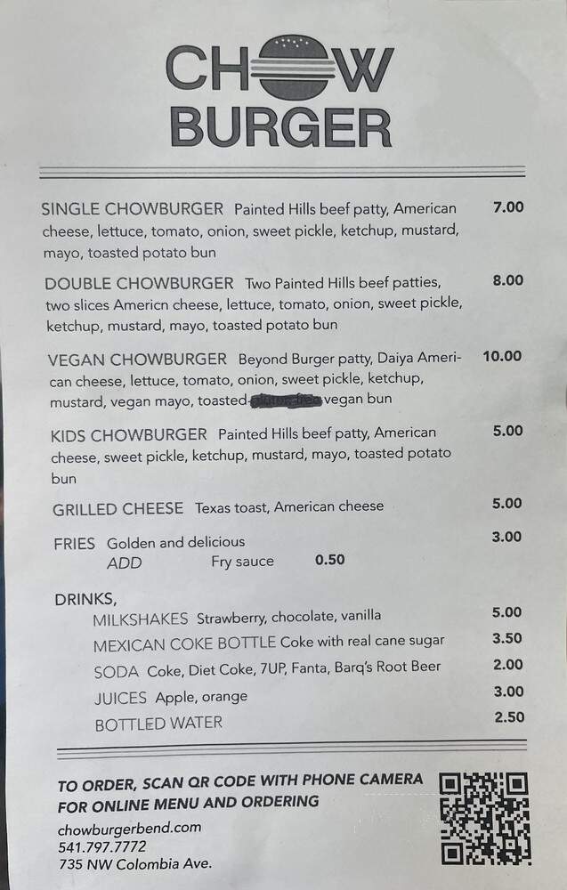 Chow Burger - Bend, OR menu_pic