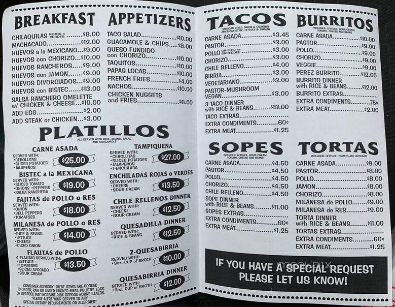 Taqueria El Perez - Oak Lawn, IL menu_pic