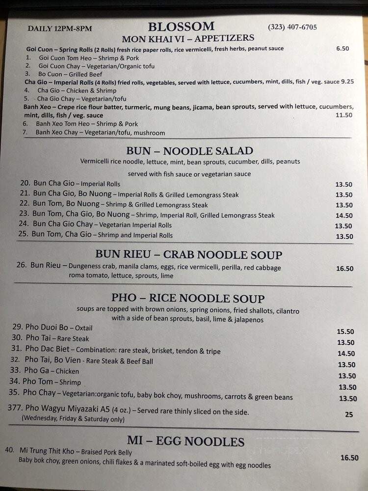 Blossom A Vietnamese Noodle Shop - Los Angeles, CA menu_pic