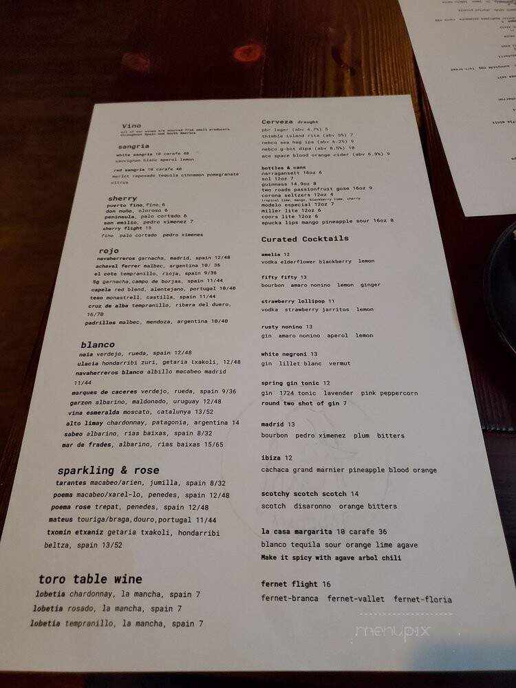 Toro Taberna - West Hartford, CT menu_pic