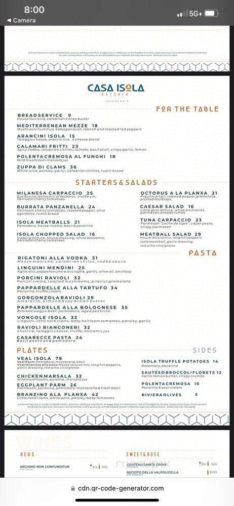 Casa Isola Osteria - Miami Beach, FL menu_pic