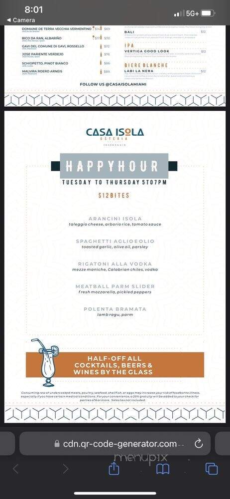 Casa Isola Osteria - Miami Beach, FL menu_pic