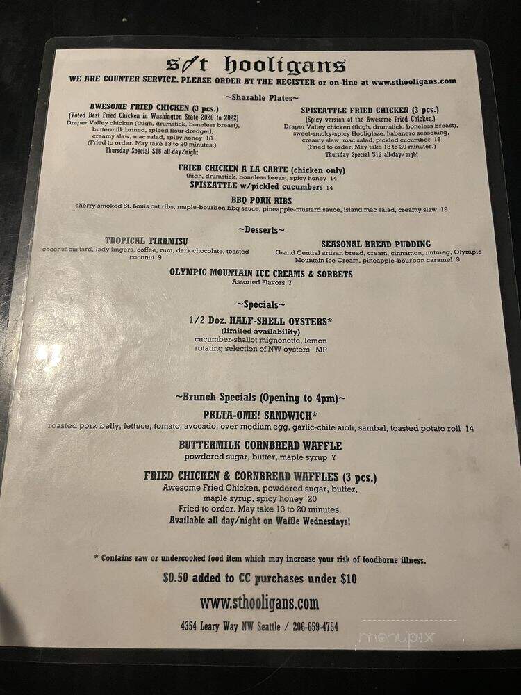 S/T Hooligans - Seattle, WA menu_pic