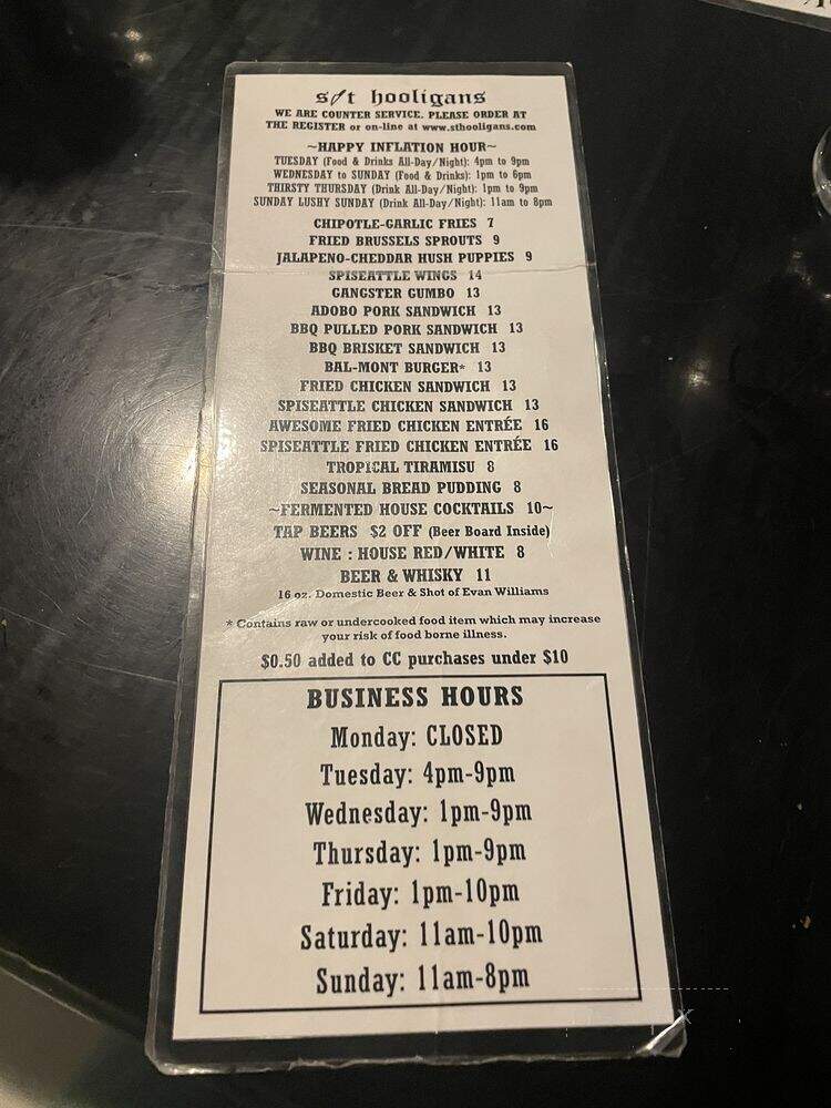S/T Hooligans - Seattle, WA menu_pic