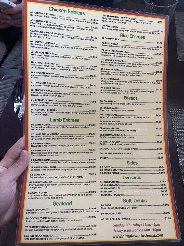Himalayan Taste Indian Cuisine - San Juan Capistrano, CA menu_pic