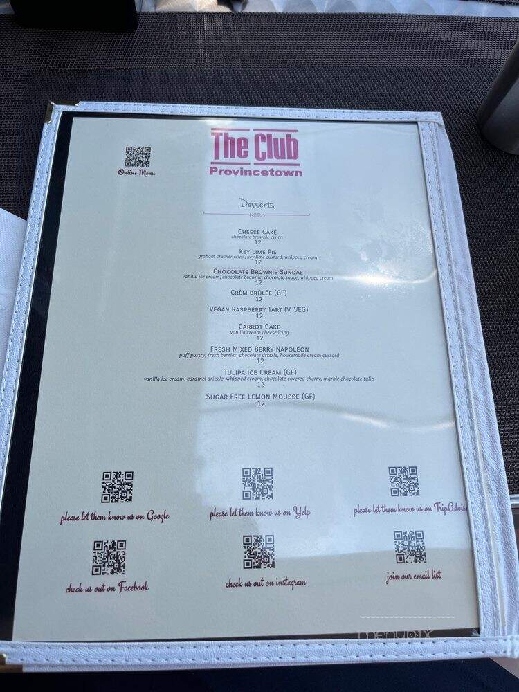 The Club - Provincetown, MA menu_pic
