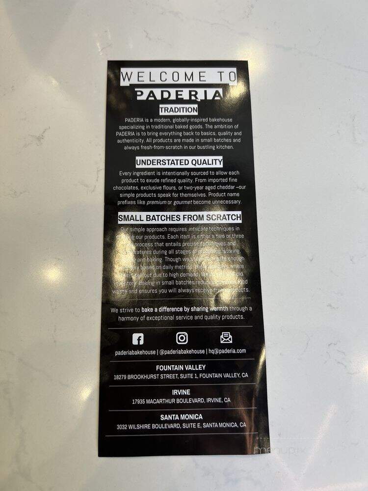 Paderia Bakehouse - Santa Monica, CA menu_pic