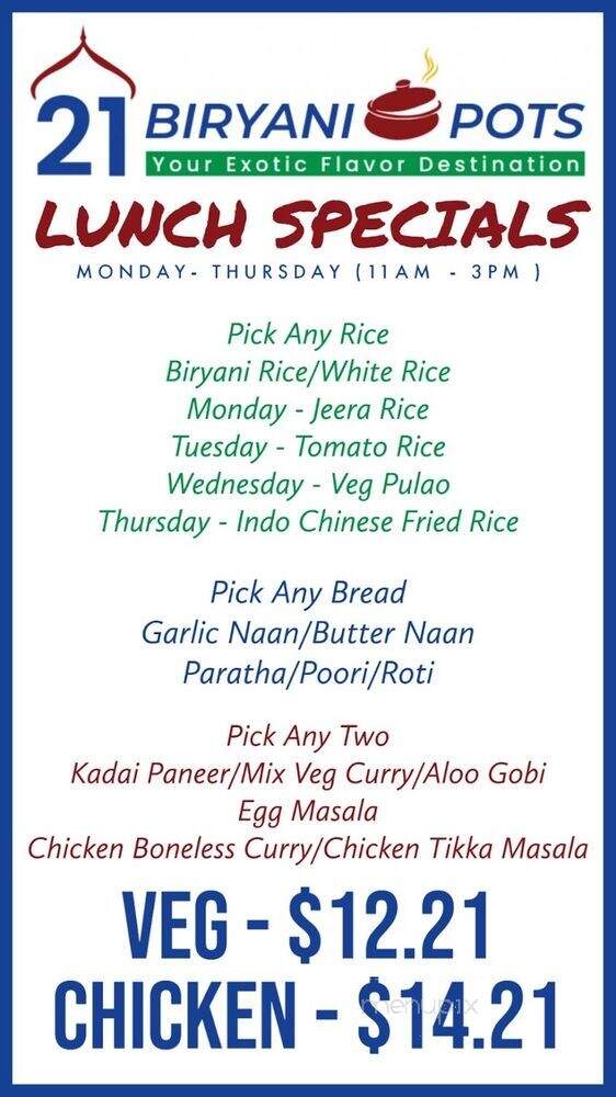 21 Biryani Pots - Agoura Hills, CA menu_pic