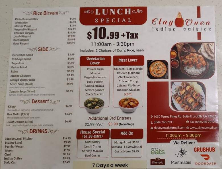 Clay Oven Indian Cuisine - La Jolla, CA menu_pic