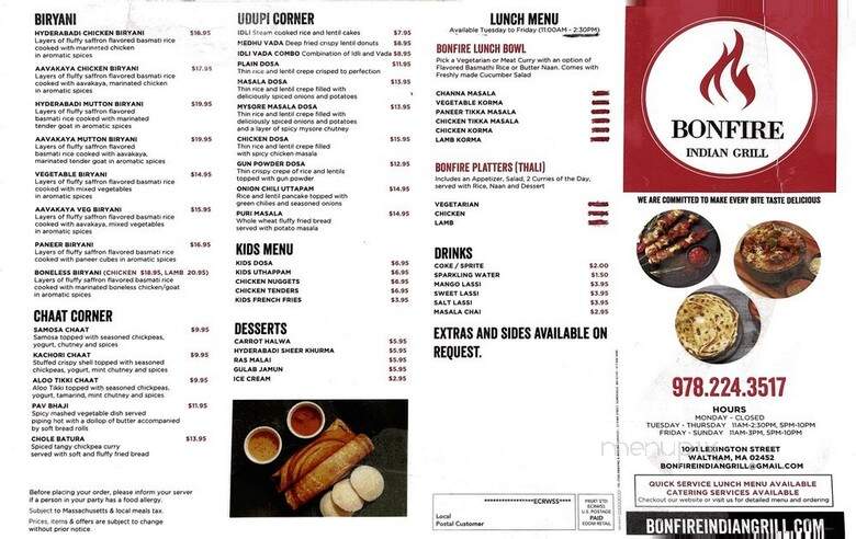 Bonfire Indian Grill - Waltham, MA menu_pic