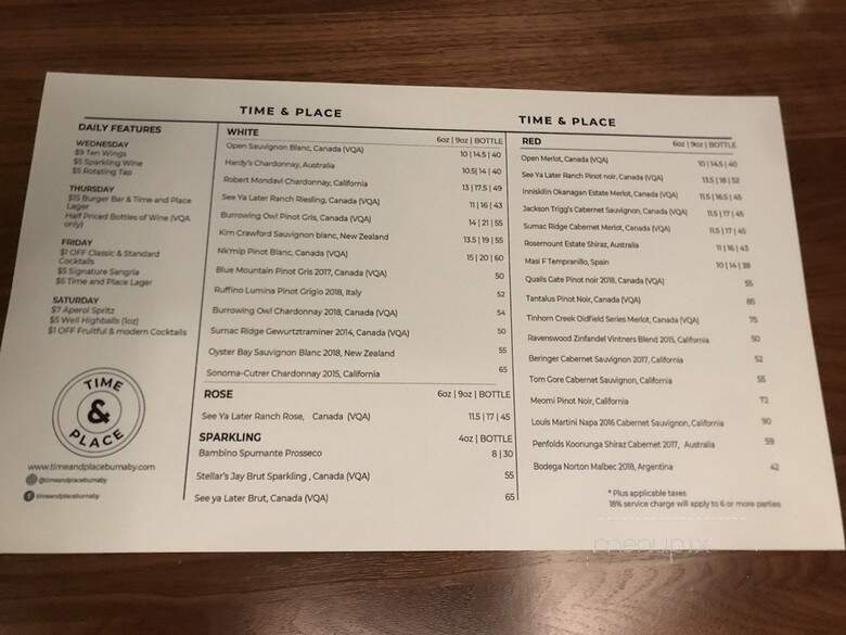 Time & Place - Burnaby, BC menu_pic