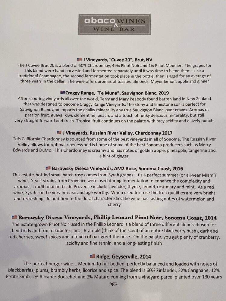 Abaco Wines and Wine Bar - Miami, FL menu_pic