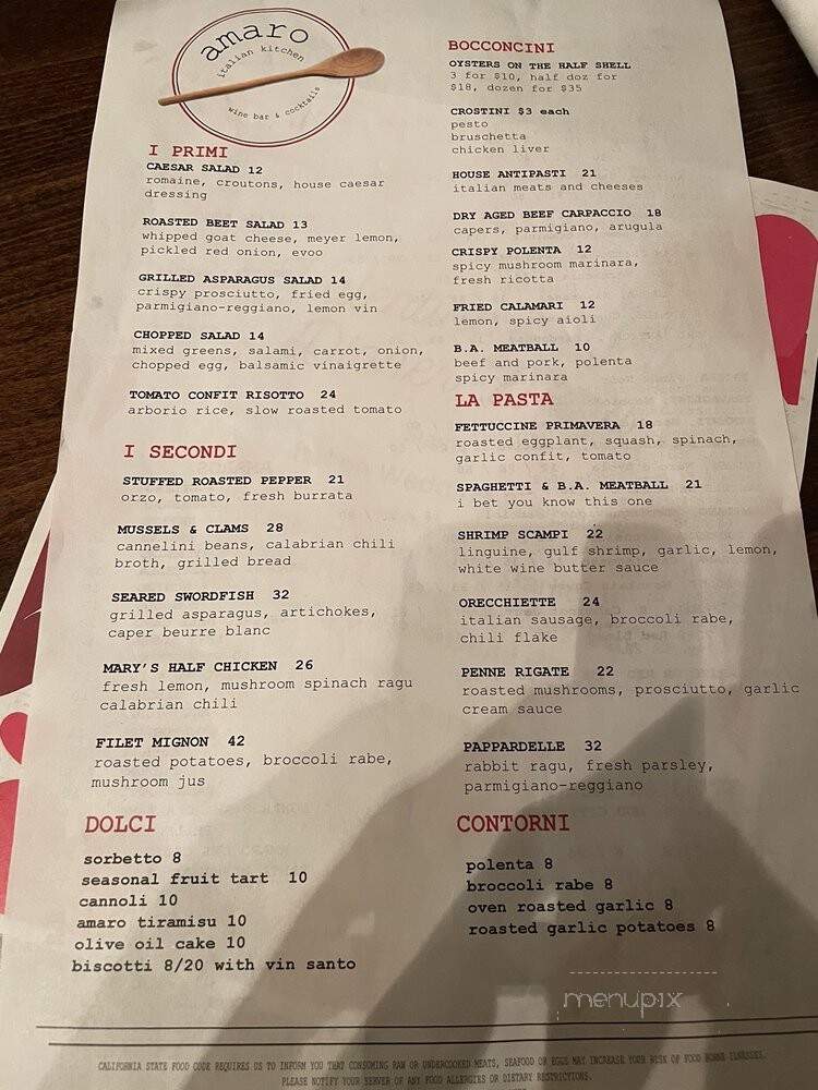 Amaro Italian Kitchen - Calistoga, CA menu_pic