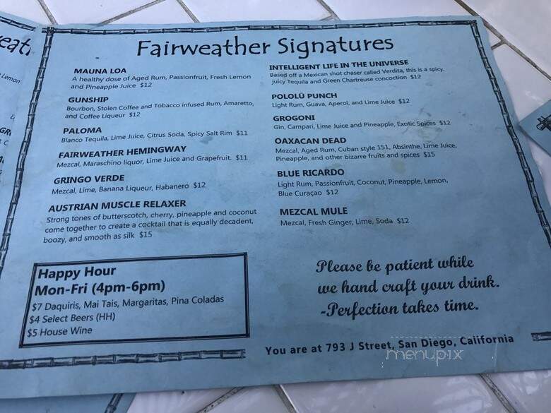 Fairweather Bar - San Diego, CA menu_pic