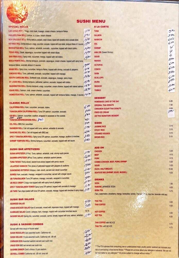 UB Thai - Boca Raton, FL menu_pic