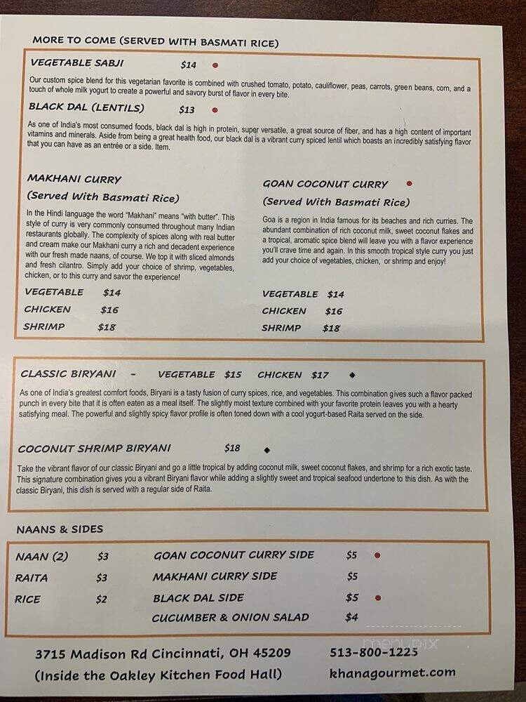 Khana Gourmet Indian Grill - Cincinnati, OH menu_pic