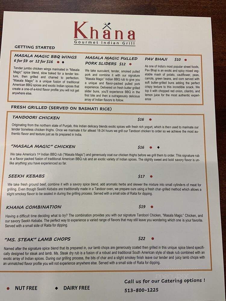 Khana Gourmet Indian Grill - Cincinnati, OH menu_pic