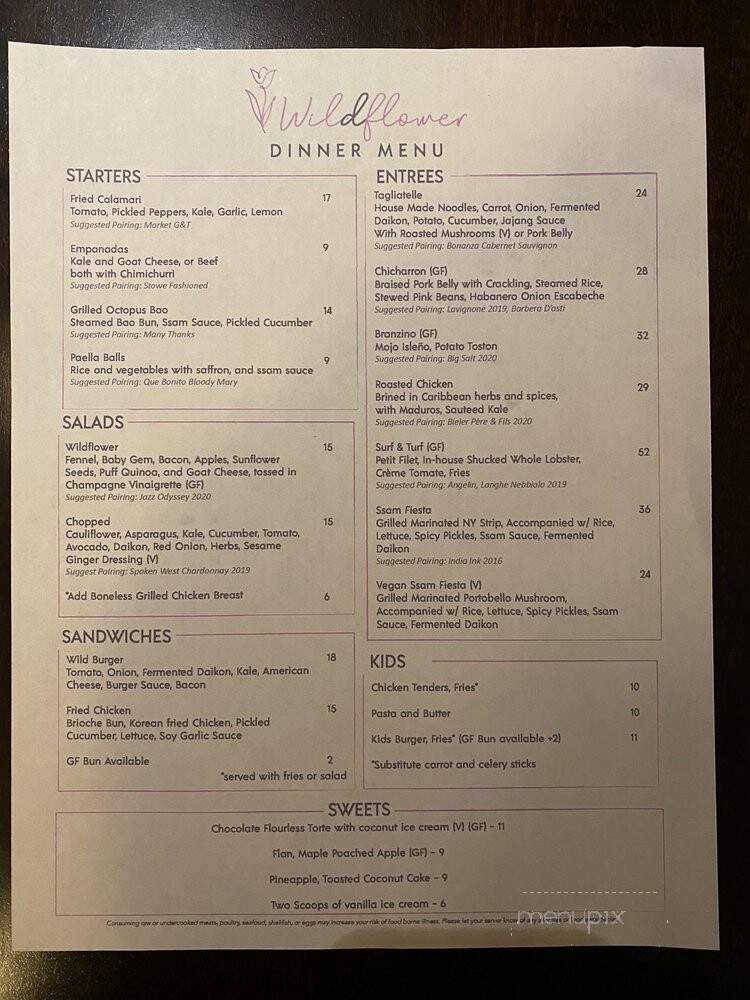 Wildflower Restaurant & Bar - Stowe, VT menu_pic