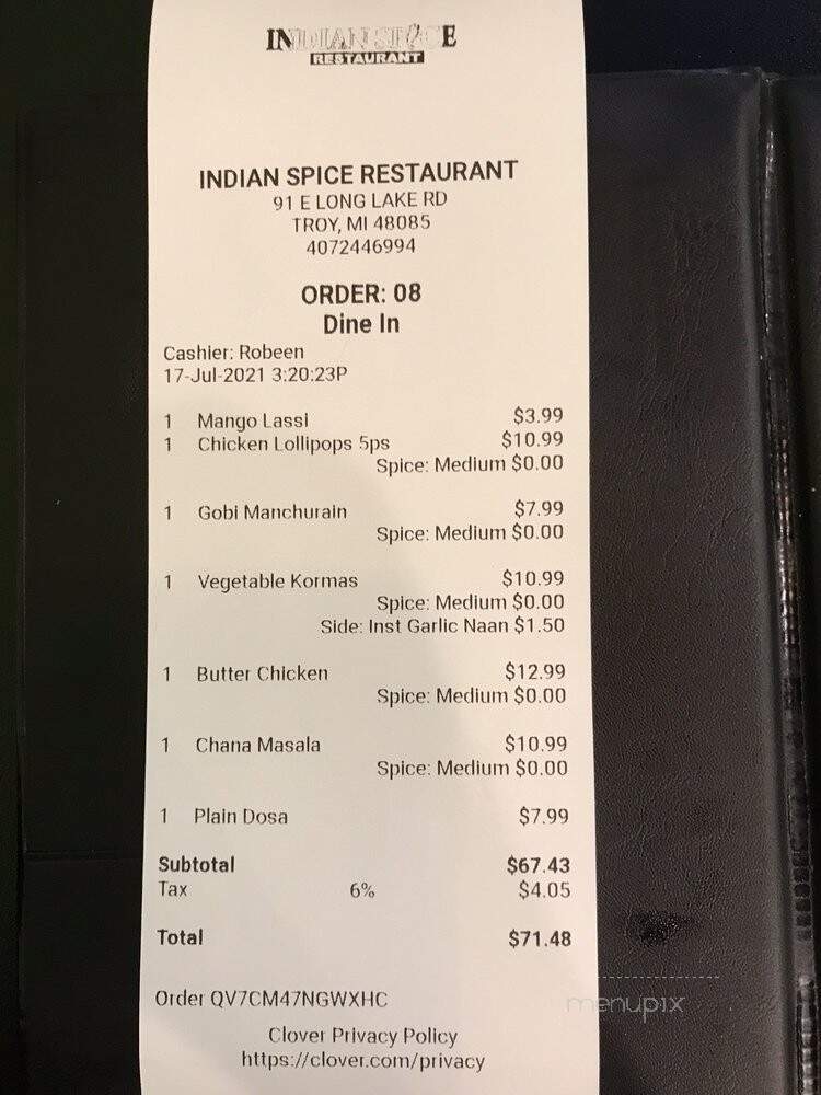 Indian Spice Restaurant - Troy, MI menu_pic