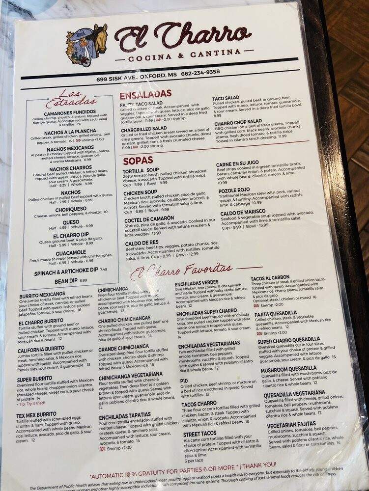 El Charro - Oxford, MS menu_pic