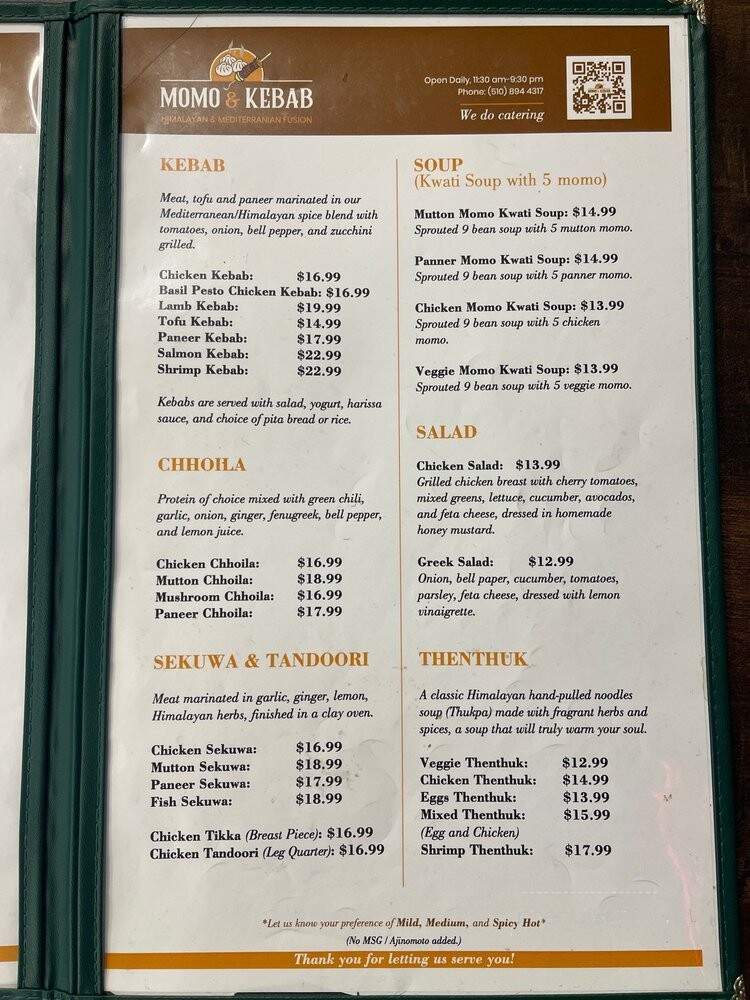 Momo & Kebab - Fremont, CA menu_pic