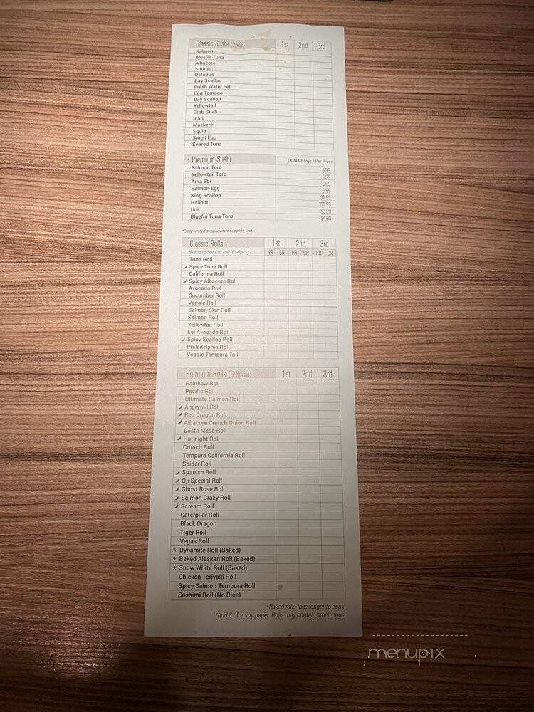 Oji Sushi & Bar - Costa Mesa, CA menu_pic