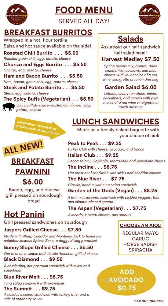 Mountain Dogs Cafe and Coffee Roastery - Lafayette, CO menu_pic