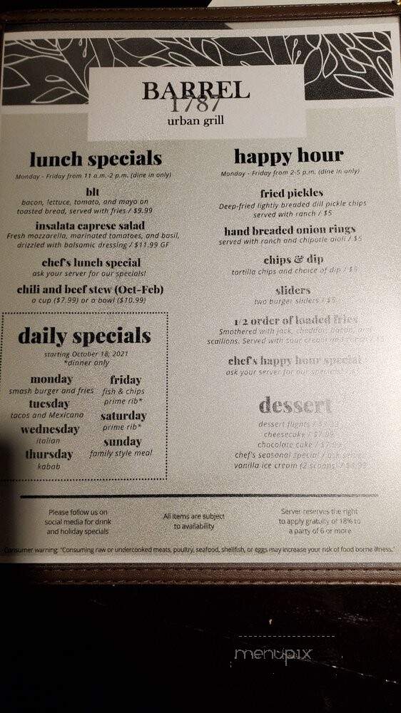 Barrel 1787 Urban Grill - Indianapolis, IN menu_pic