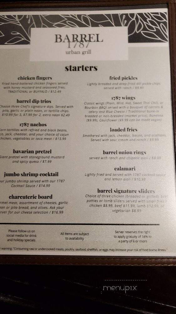 Barrel 1787 Urban Grill - Indianapolis, IN menu_pic