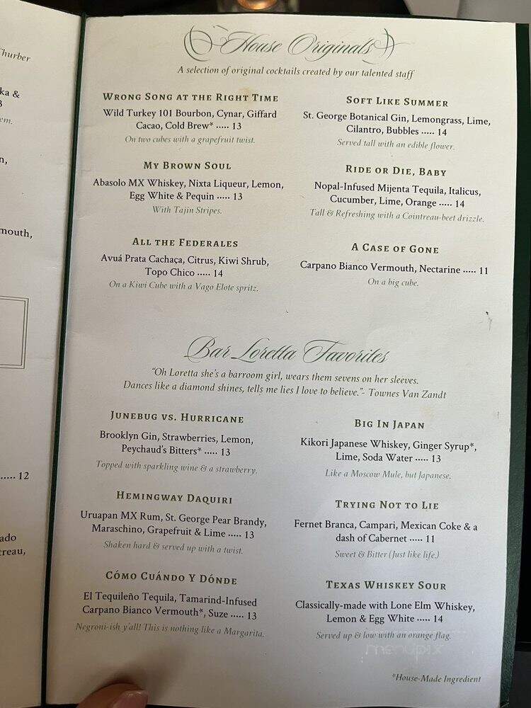Bar Loretta - San Antonio, TX menu_pic