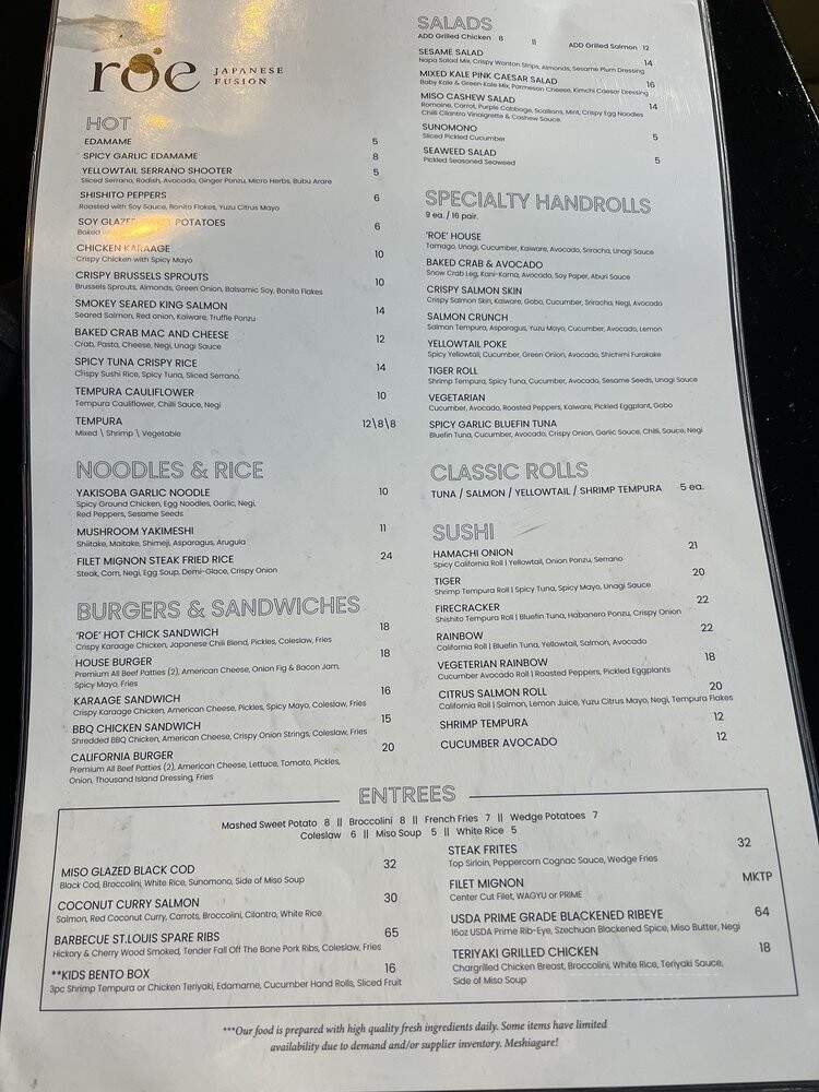 Roe Fusion - Sierra Madre, CA menu_pic