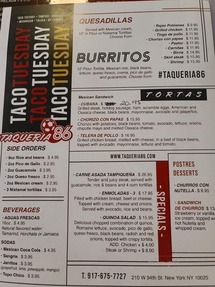 Taqueria 86 - New York, NY menu_pic