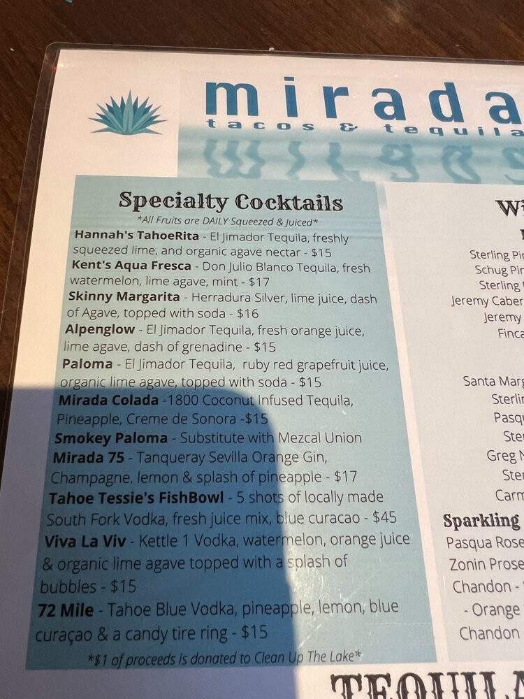 Mirada Tacos & Tequila - Tahoe City, CA menu_pic