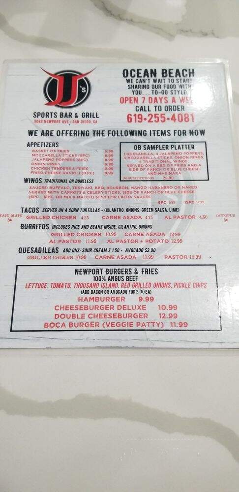 JJ's Sports Bar & Grill - San Diego, CA menu_pic